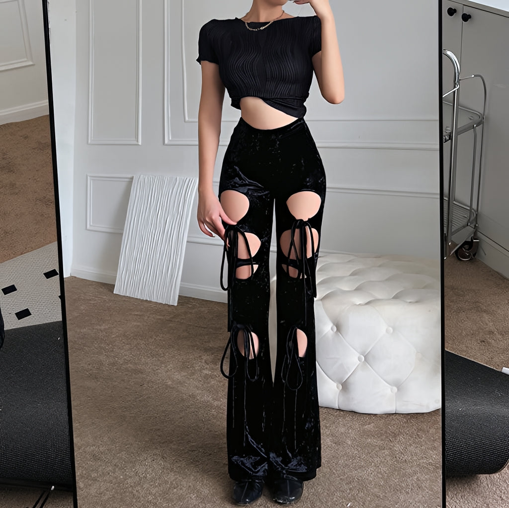 Y2K Lace Up Velvet Skinny Pants High Waist Hollow Out Pencil Trousers