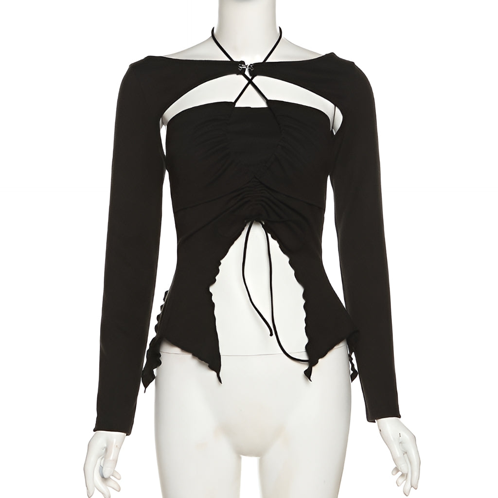 Hollow Cut Out Lace Up Long Sleeve Blouse Casual Slim Fit Top
