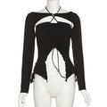 Hollow Cut Out Lace Up Long Sleeve Blouse Casual Slim Fit Top