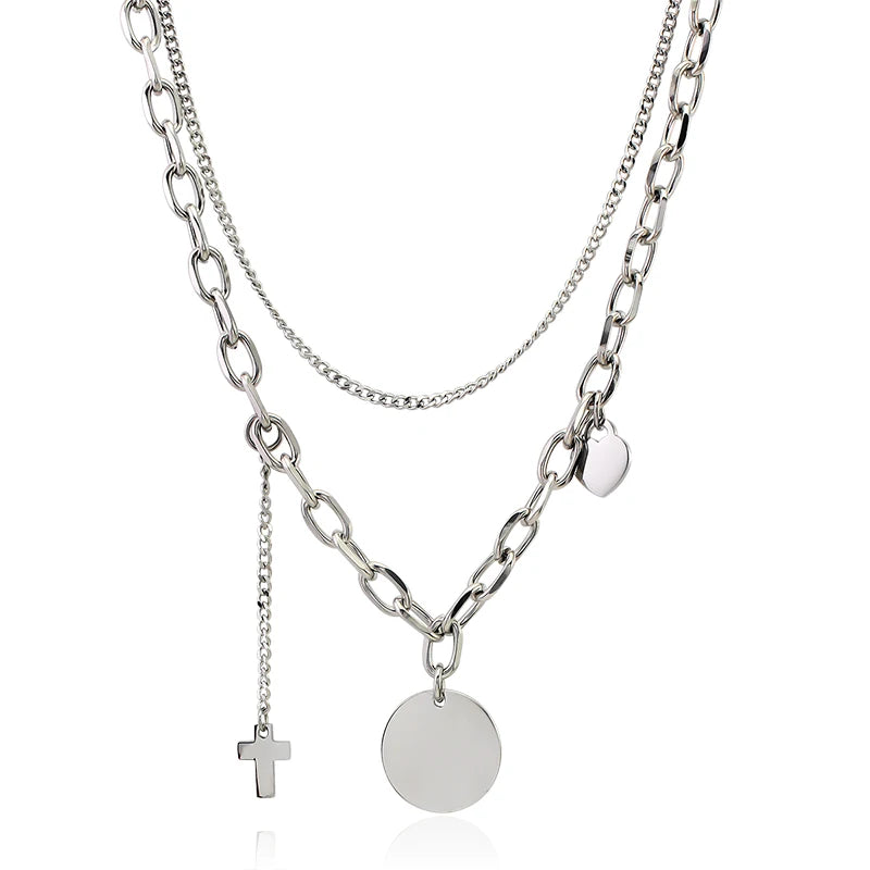 Double Link Chain Necklace Cross Circle Laser Engrave