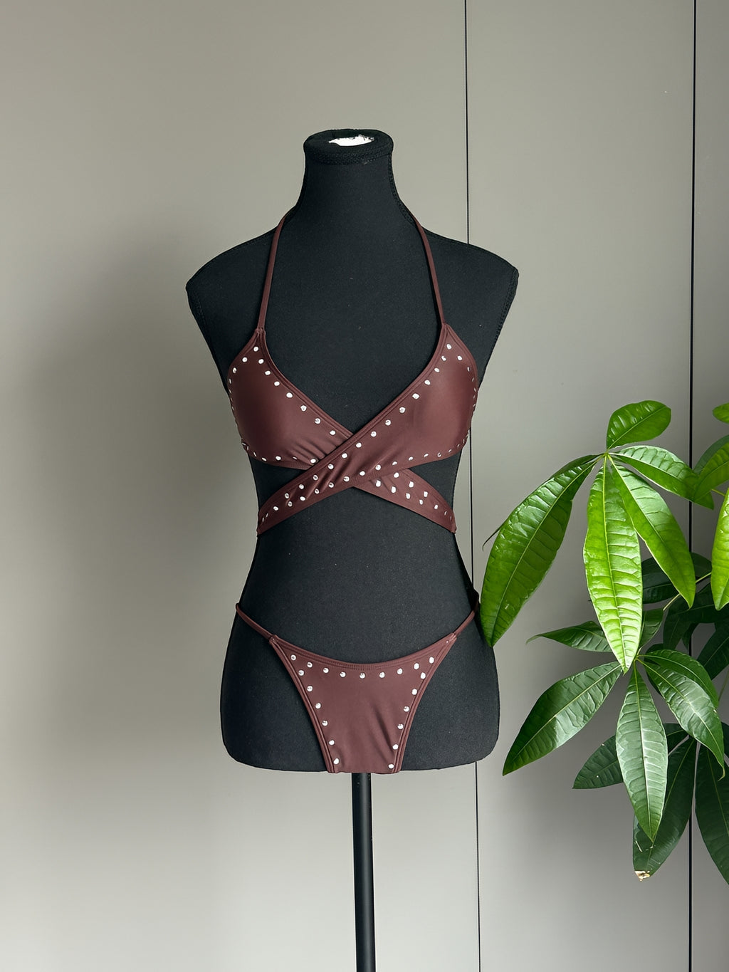 Solid Brown Twist Front V Neck Bikini Top High Waist Bottom Swimsuit
