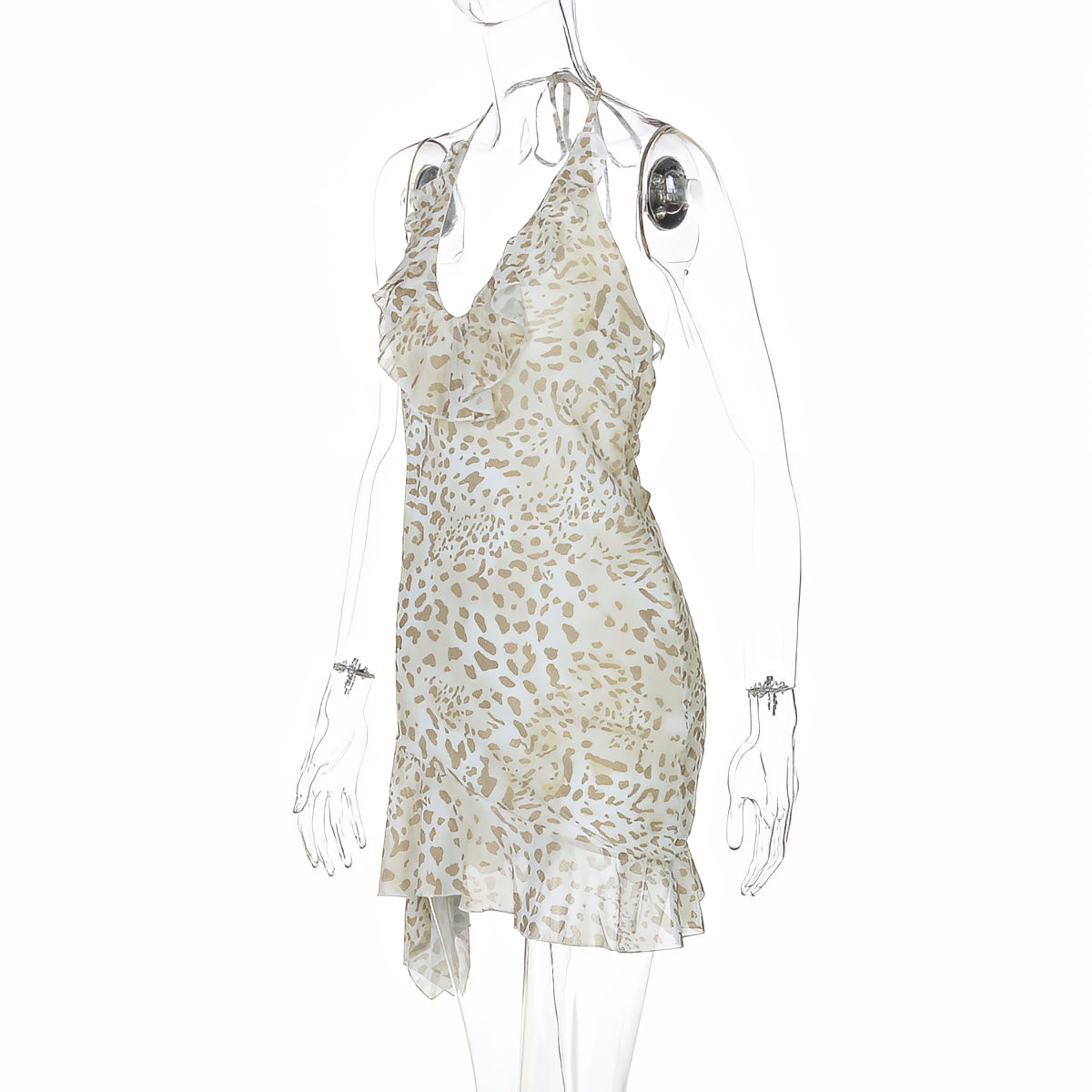 Leopard Print Halter V Neck Mini Dress Sexy Backless Lace Up Ruffle Dress