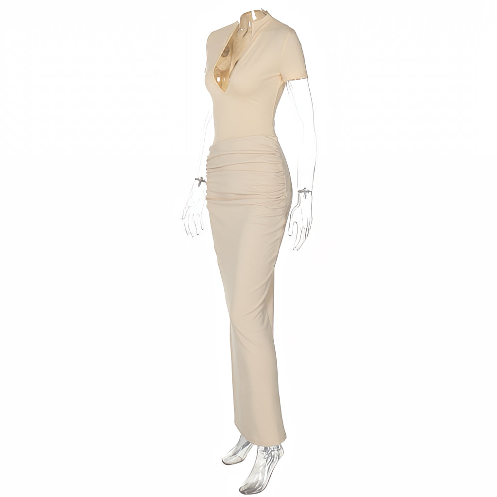 V-Neck Bodycon Long Dress Elegant Solid Color Maxi Dress