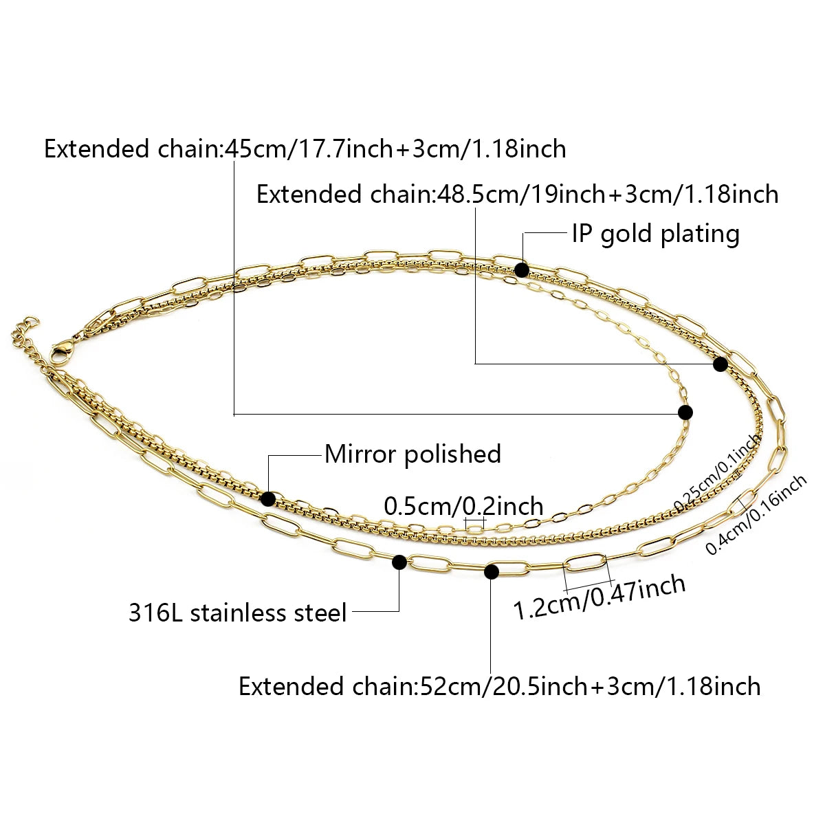 18k Gold Plated Paperclip Box Chain Triple Layer Necklace