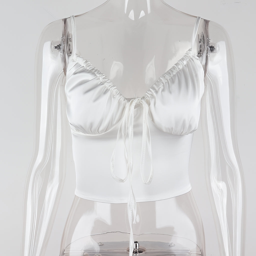 Satin Lace Up Bow Crop Top Sleeveless Cami Tank