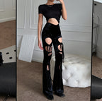 Y2K Lace Up Velvet Skinny Pants High Waist Hollow Out Pencil Trousers