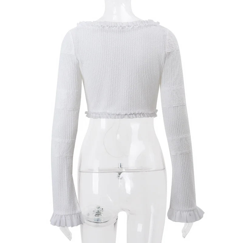 Hollow Out Crop Top Ruffle Biker Shorts Set