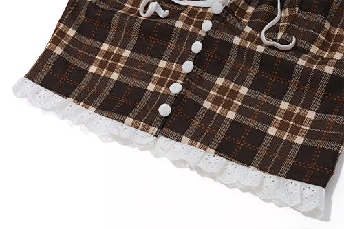 French Plaid Halter Crop Top Checkered Sleeveless Cami