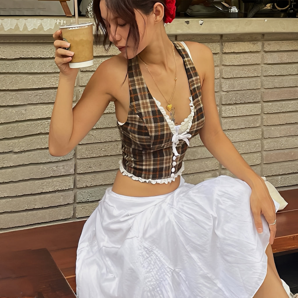 French Plaid Halter Crop Top Checkered Sleeveless Cami