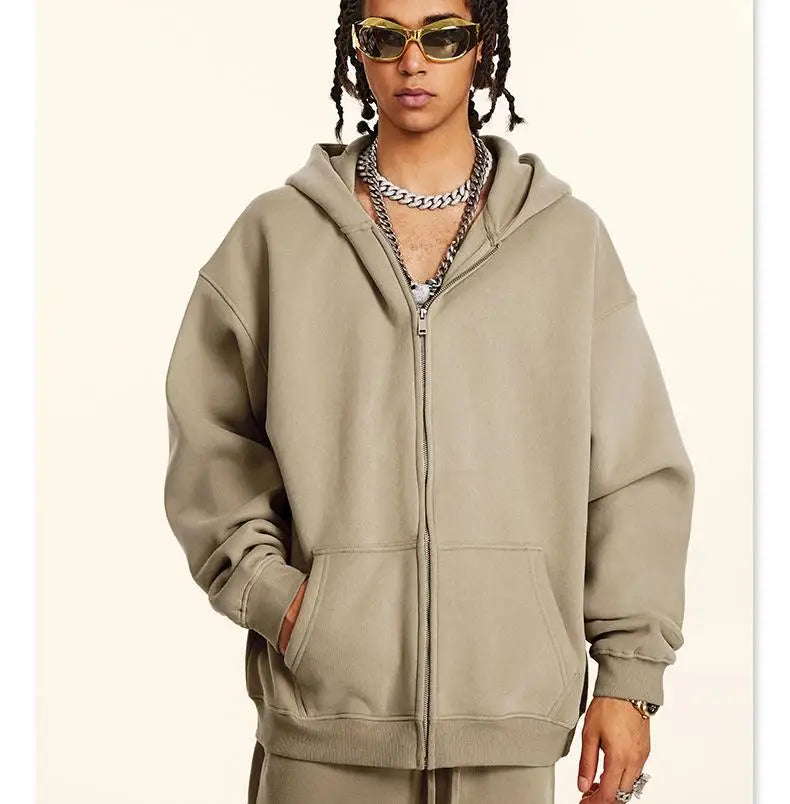Blank Classic Men Hoodies 345 GSM Thick Fleece Unisex Hip Hop Oversized High Funnel Neck Hoody Zip up Hoodies