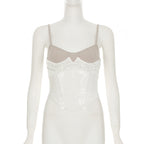 Lace Mesh Sequin Corset Top Back Tie Strap Cami Evening Wear
