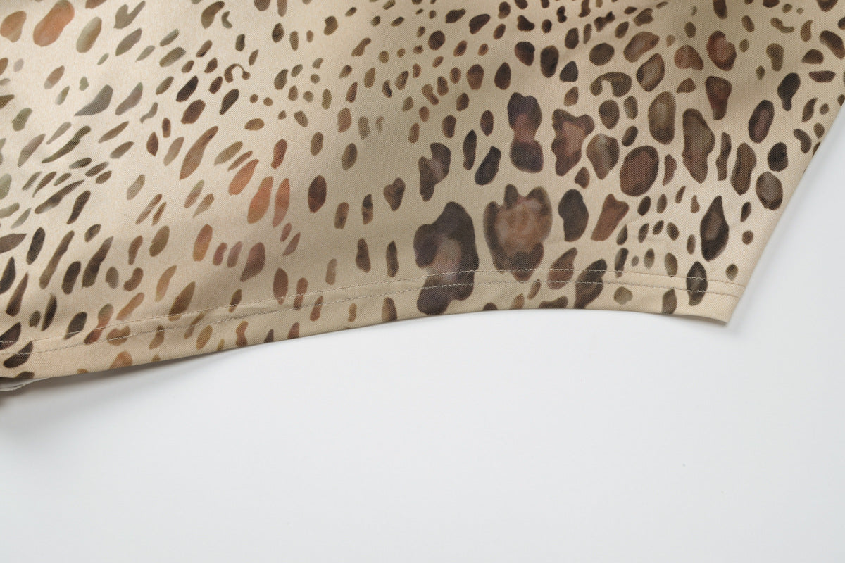 Leopard Print Turtleneck Backless Bandage Cut Out Maxi Dress Sleeveless Slit Dress