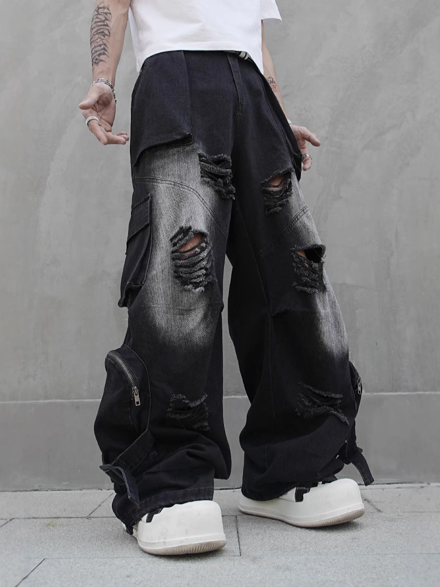 Denim Mid Rise Straight Leg Jeans Multi Pocket