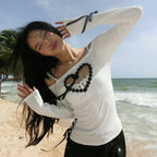 Goth Y2K Heart Cut Out Long Sleeve Top Slash Neck Tee