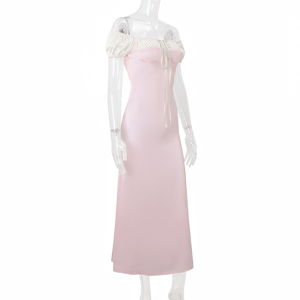 Square Collar Puff Sleeve Waist Dress French Style Lace Up Casual Dress