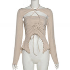 Hollow Cut Out Lace Up Long Sleeve Blouse Casual Slim Fit Top