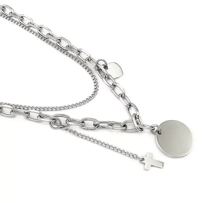 Double Link Chain Necklace Cross Circle Laser Engrave