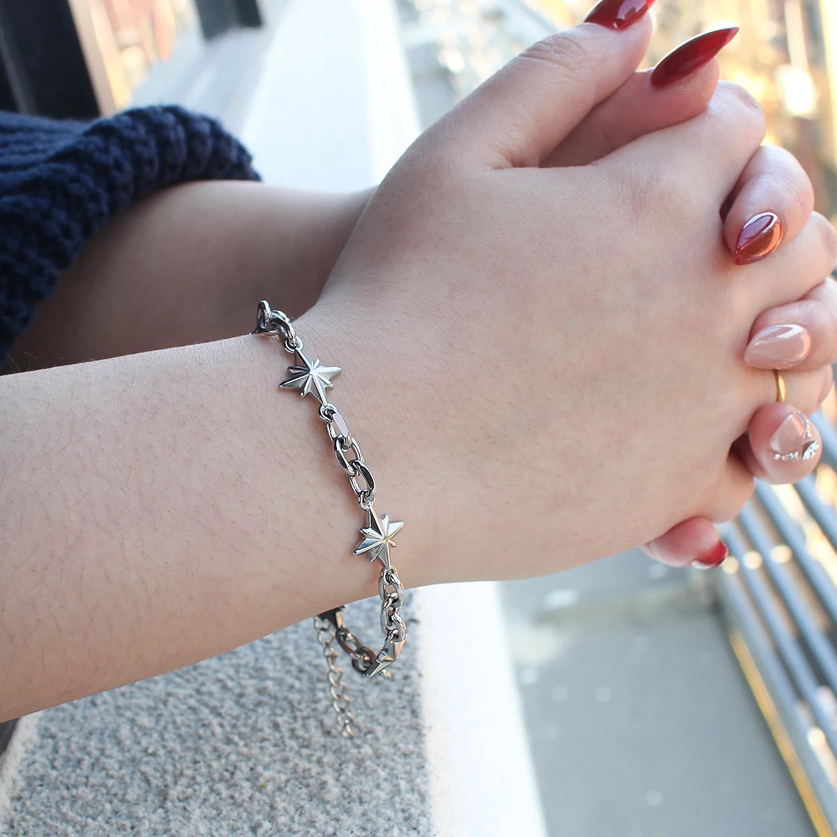 Stainless Steel Figaro Chain Link Bracelet Star Charm