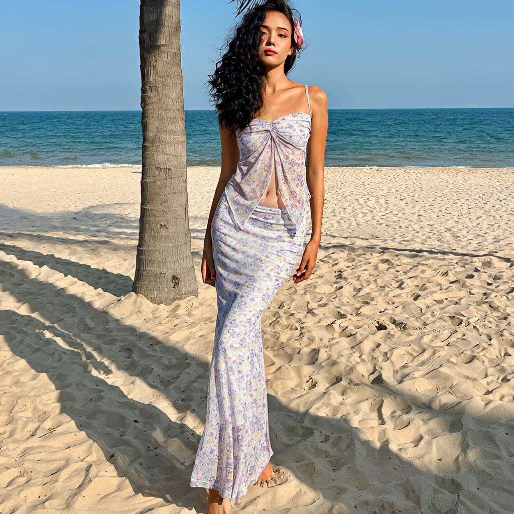 90s Vintage Off Shoulder Tank Top Long Skirt Two Piece Se