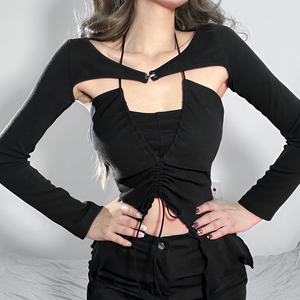Hollow Cut Out Lace Up Long Sleeve Blouse Casual Slim Fit Top