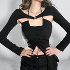 Hollow Cut Out Lace Up Long Sleeve Blouse Casual Slim Fit Top