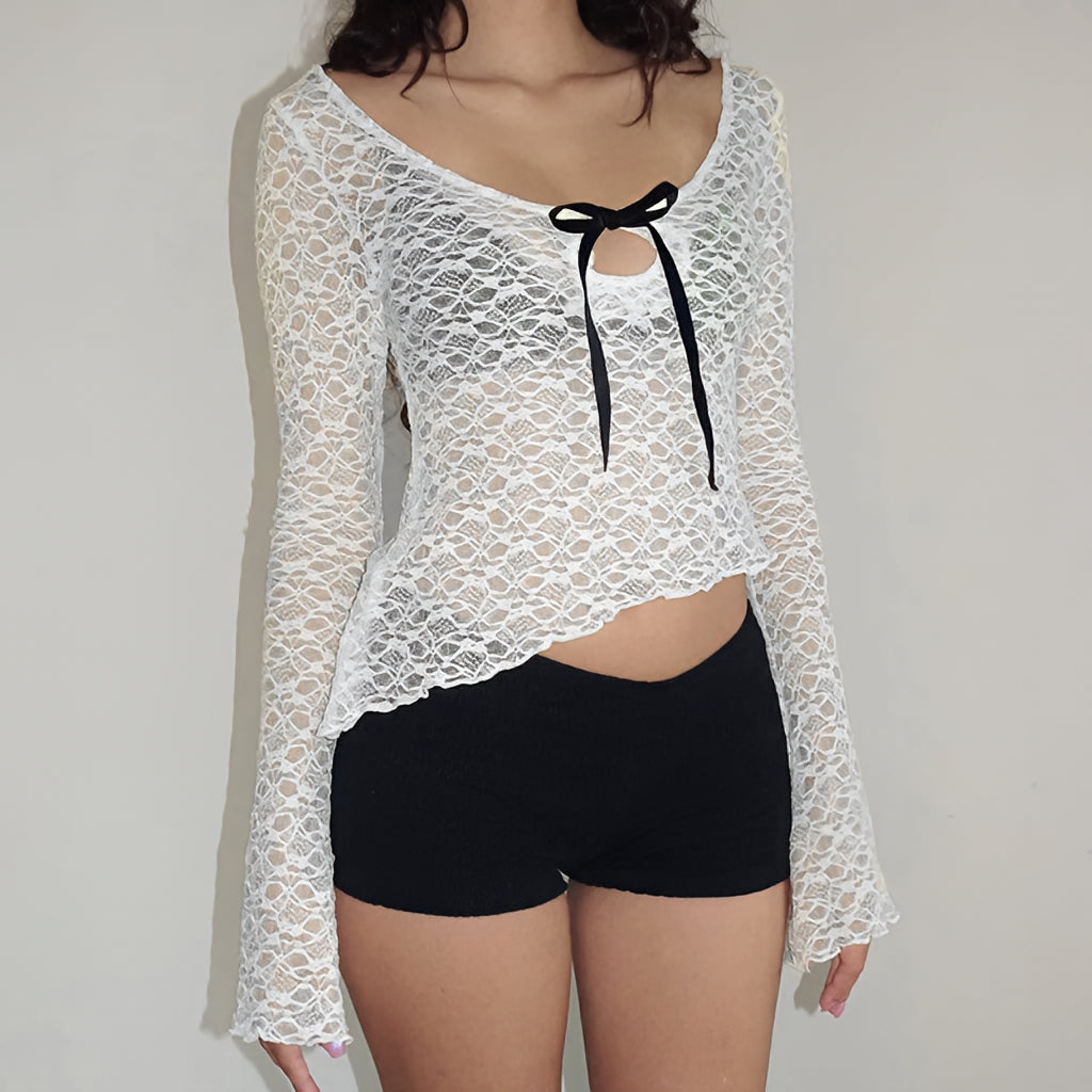 Lace Crop Top Contrast Bandage Long Sleeve Y2K Tee