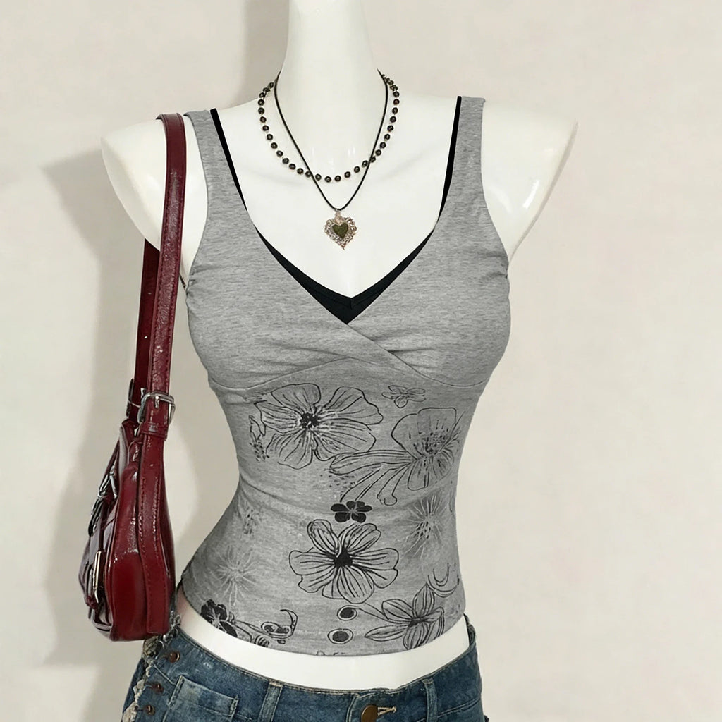 Y2K Floral Print Eco-Friendly Breathable Knitted V-neck Mock Two Piece Tank Top Contrast Slim Fit Sleeveless for Women
