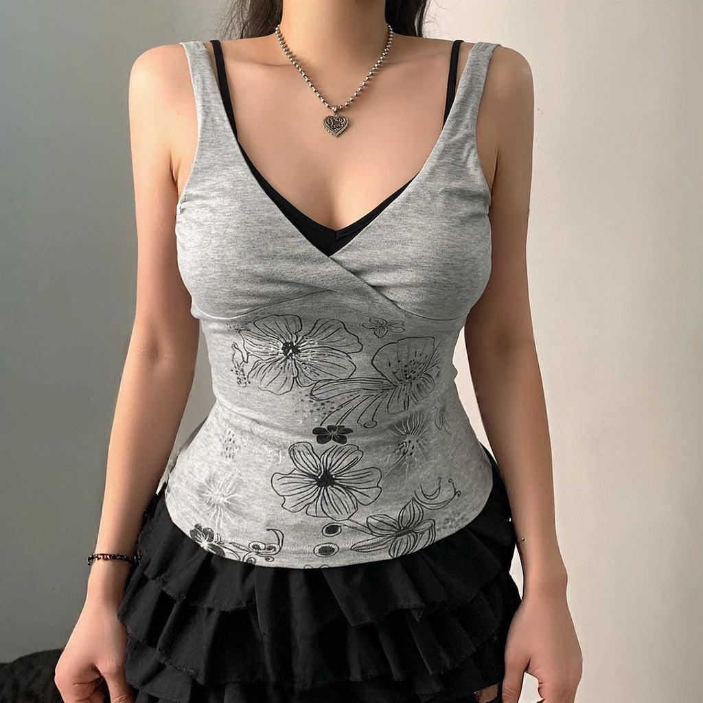Y2K Floral Print Eco-Friendly Breathable Knitted V-neck Mock Two Piece Tank Top Contrast Slim Fit Sleeveless for Women