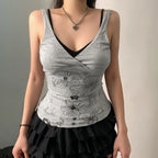 Y2K Floral Print Eco-Friendly Breathable Knitted V-neck Mock Two Piece Tank Top Contrast Slim Fit Sleeveless for Women