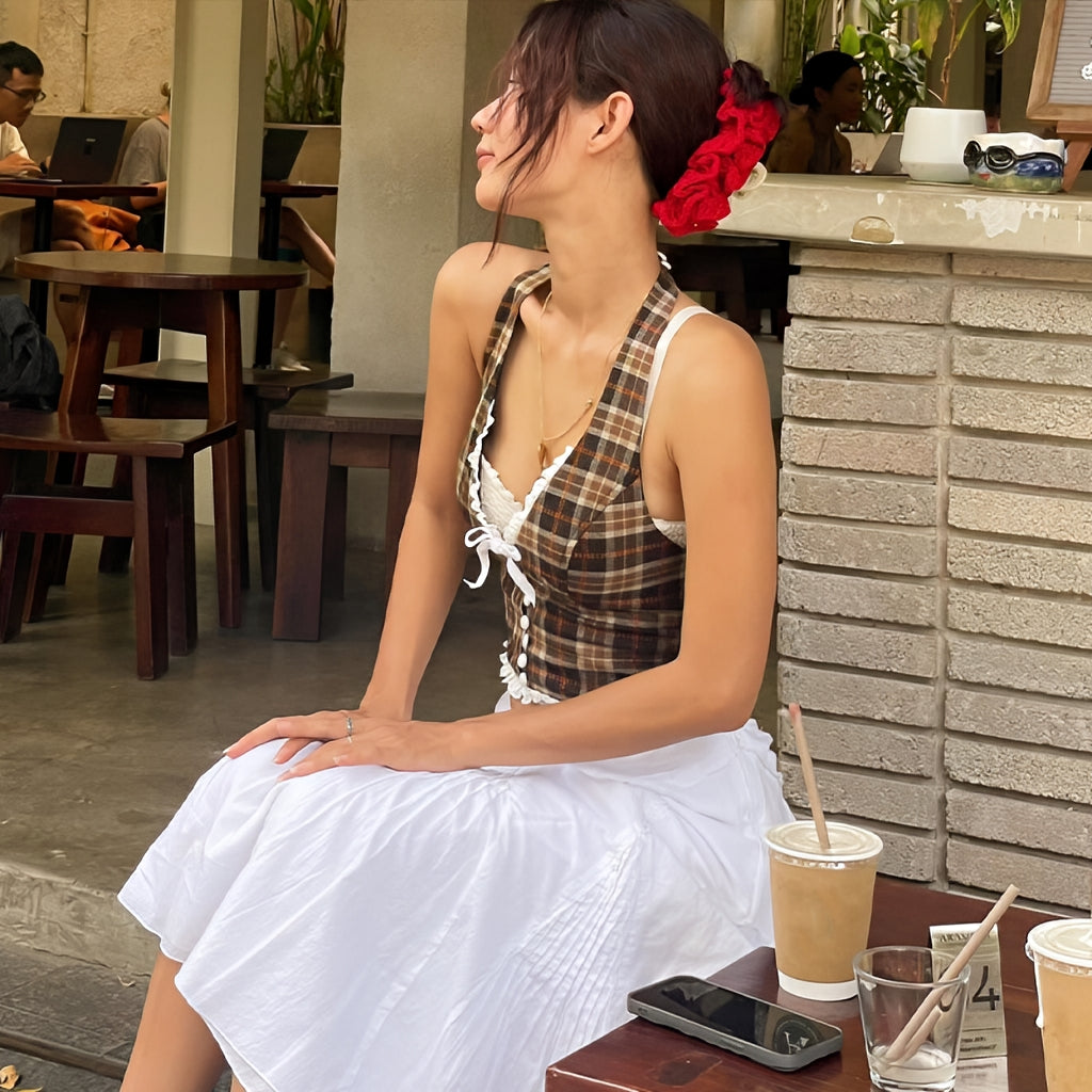 French Plaid Halter Crop Top Checkered Sleeveless Cami