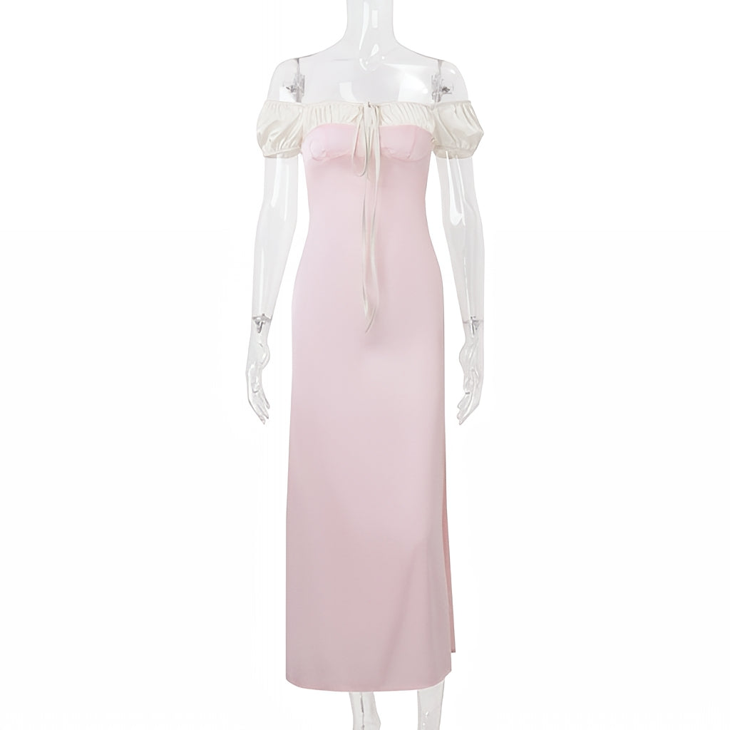 Square Collar Puff Sleeve Waist Dress French Style Lace Up Casual Dress