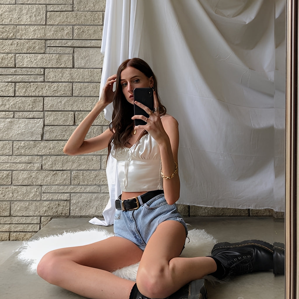Satin Lace Up Bow Crop Top Sleeveless Cami Tank