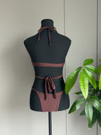Solid Brown Twist Front V Neck Bikini Top High Waist Bottom Swimsuit
