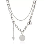 Double Link Chain Necklace Cross Circle Laser Engrave