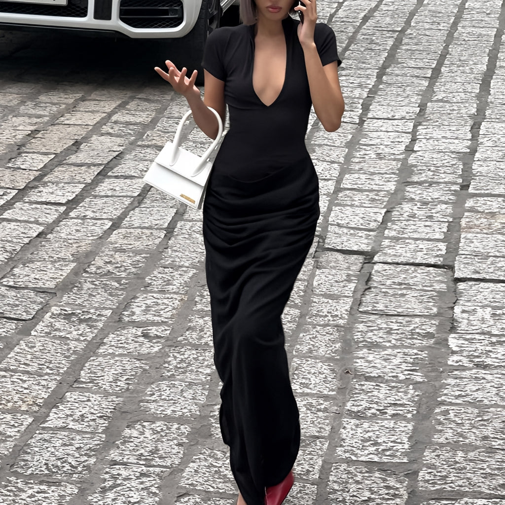 V-Neck Bodycon Long Dress Elegant Solid Color Maxi Dress