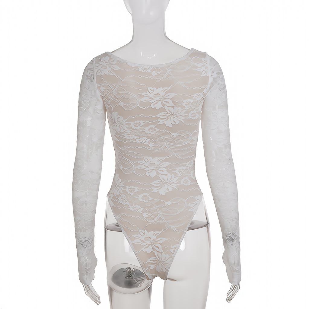 Lace Round Neck Long Sleeve Bodysuit Sexy Street Style Autumn Top