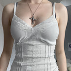 Patchwork Lace Trim Cami Top V Neck Sleeveless Slim Fit Tank Top