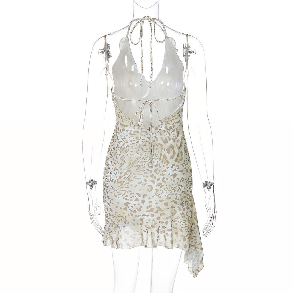 Leopard Print Halter V Neck Mini Dress Sexy Backless Lace Up Ruffle Dress