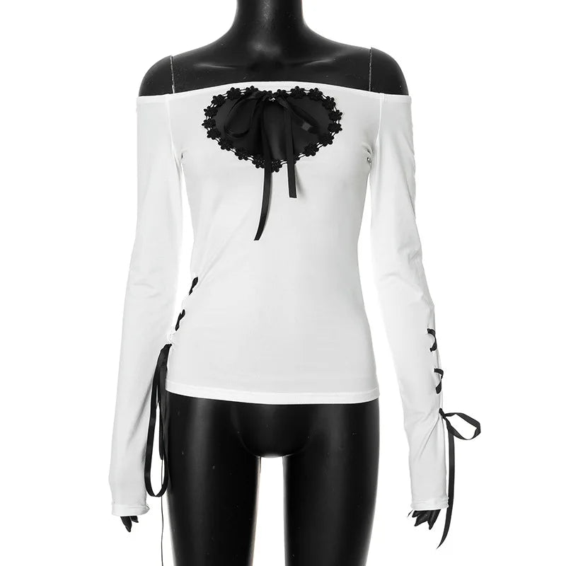 Goth Y2K Heart Cut Out Long Sleeve Top Slash Neck Tee