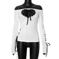 Goth Y2K Heart Cut Out Long Sleeve Top Slash Neck Tee