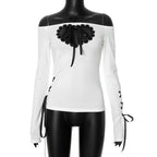 Goth Y2K Heart Cut Out Long Sleeve Top Slash Neck Tee