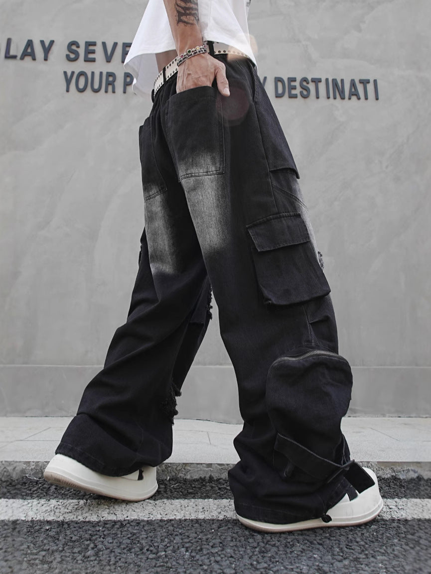 Denim Mid Rise Straight Leg Jeans Multi Pocket