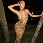 Leopard Print Turtleneck Backless Bandage Cut Out Maxi Dress Sleeveless Slit Dress