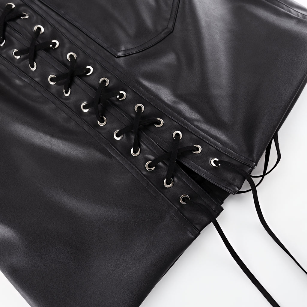 PU Leather Lace Up High Waist Mini Skirt Side Slit