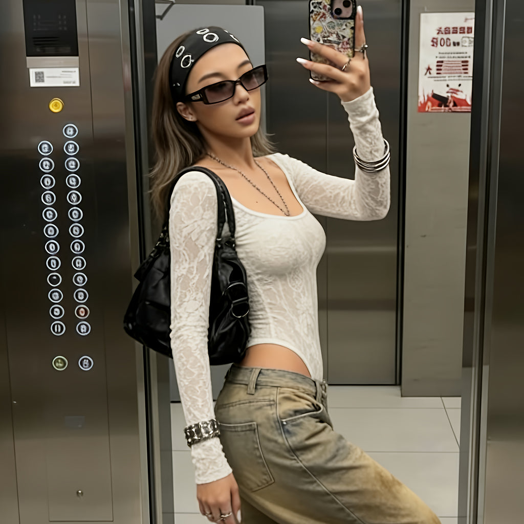 Lace Round Neck Long Sleeve Bodysuit Sexy Street Style Autumn Top
