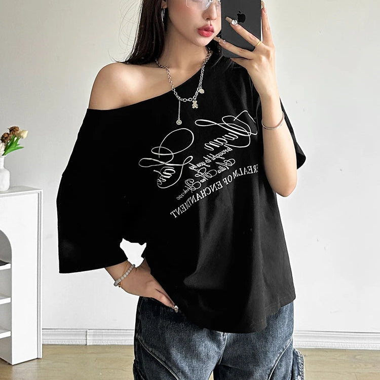 Women Casual Letter Print T Shirt Relaxed Fit Street Style Summer Top