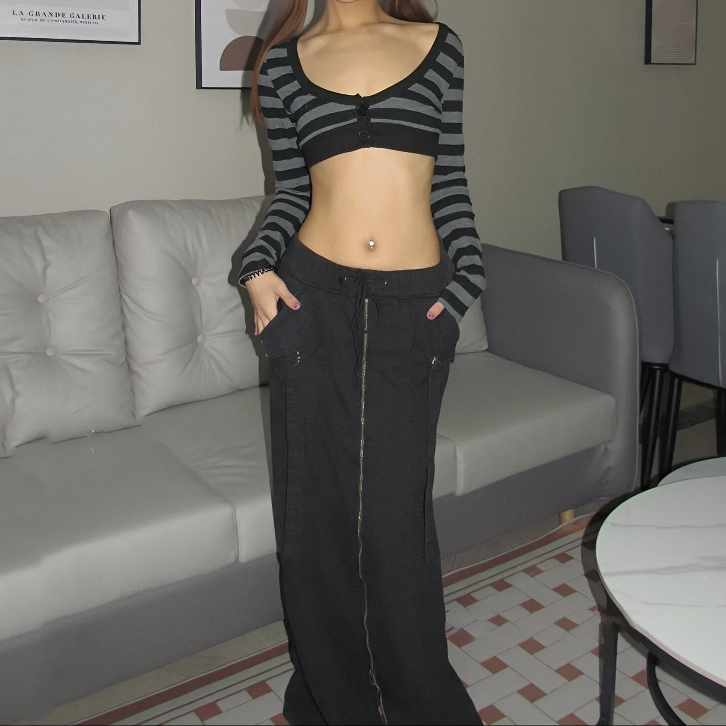 Retro Harajuku Striped T-Shirt Long Sleeve Crop-Top