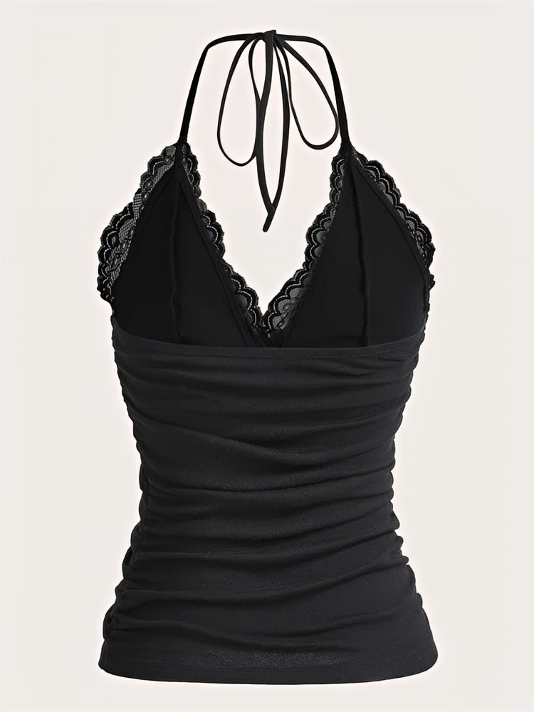 Débardeur Femme Gothique en Dentelle Patchwork Col Halter Froncé Dos Nu sans Manches