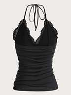 Débardeur Femme Gothique en Dentelle Patchwork Col Halter Froncé Dos Nu sans Manches