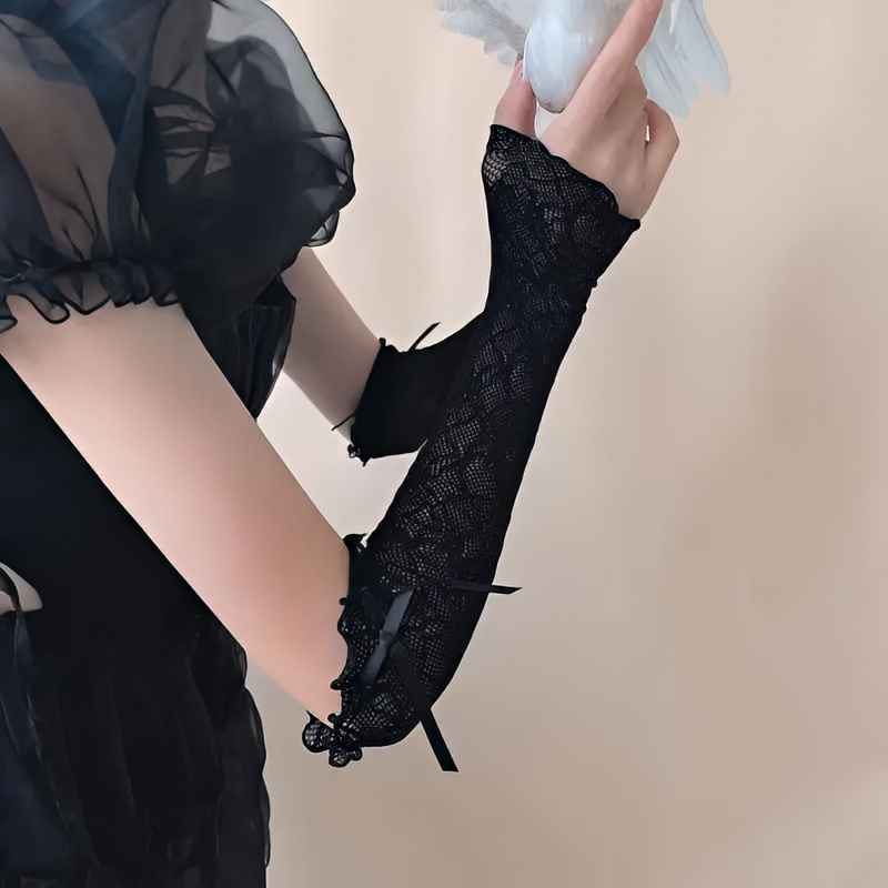 Lace Fingerless Fishnet Gloves Lolita Ruffle Bowknot Mesh Gloves Black White
